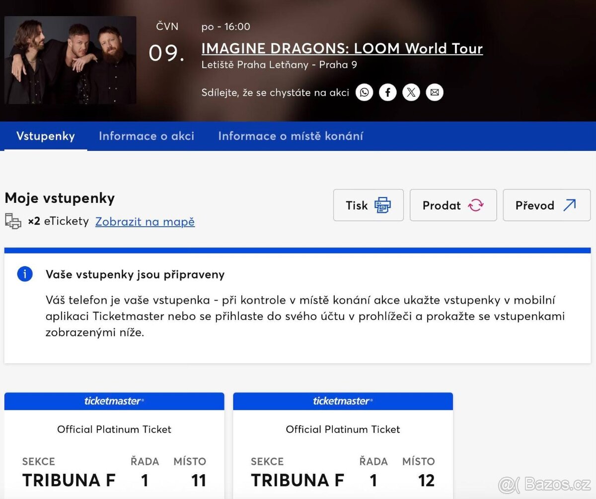 2 Vstupenky na koncert Imagine Dragons 9.6. 2025 Praha