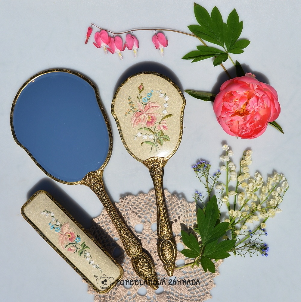 Vintage anglická sada na česanie - kefa na vlasy + zrkadlo +