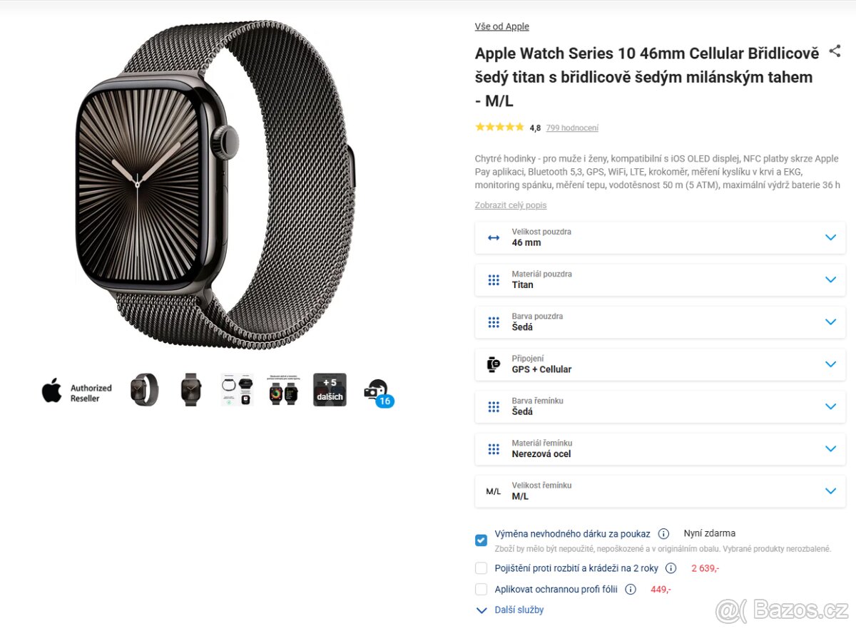 Apple watch 10 46mm cellular šedý titán