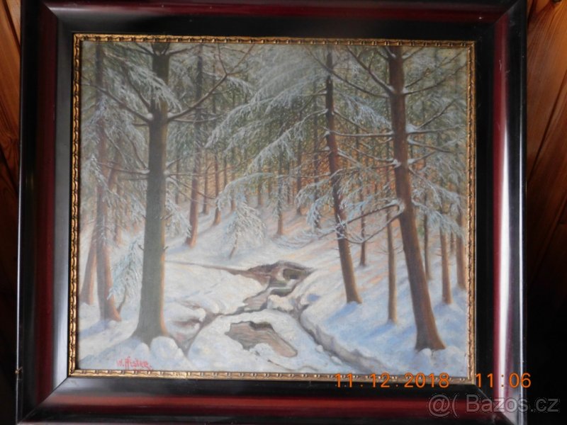 Olej na plátně,W.Pfister,1914, Les v zimě.47x56 cm