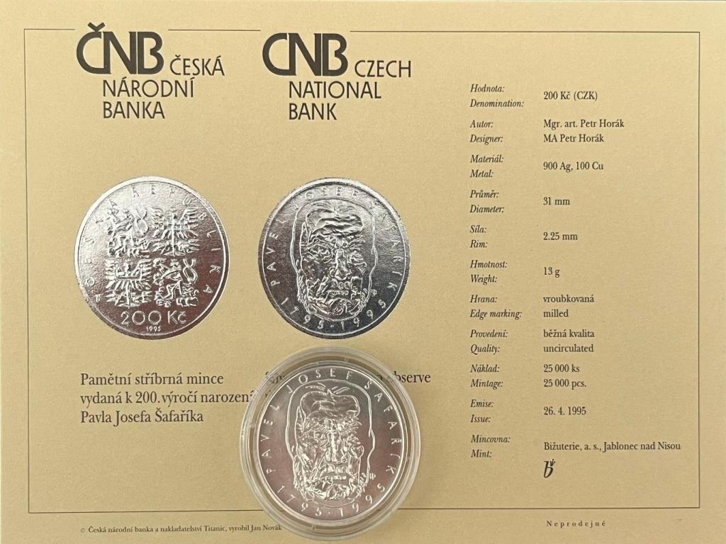 200 Koruna 1995 - 200. výročí narození P. J. Šafaříka b.k.