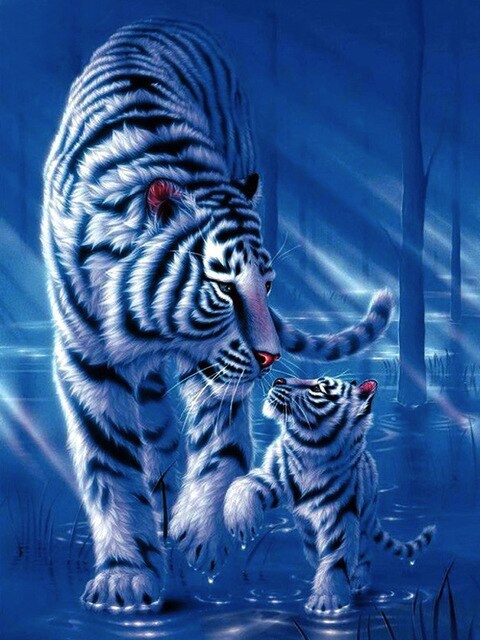 Bílý tygr s mládětem - diamantové malování