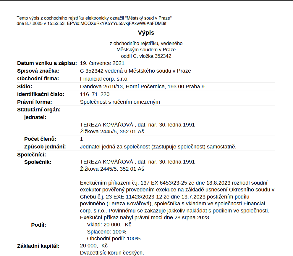 Obchodní podíl ve výši 100% ve společnosti Financial corp. s