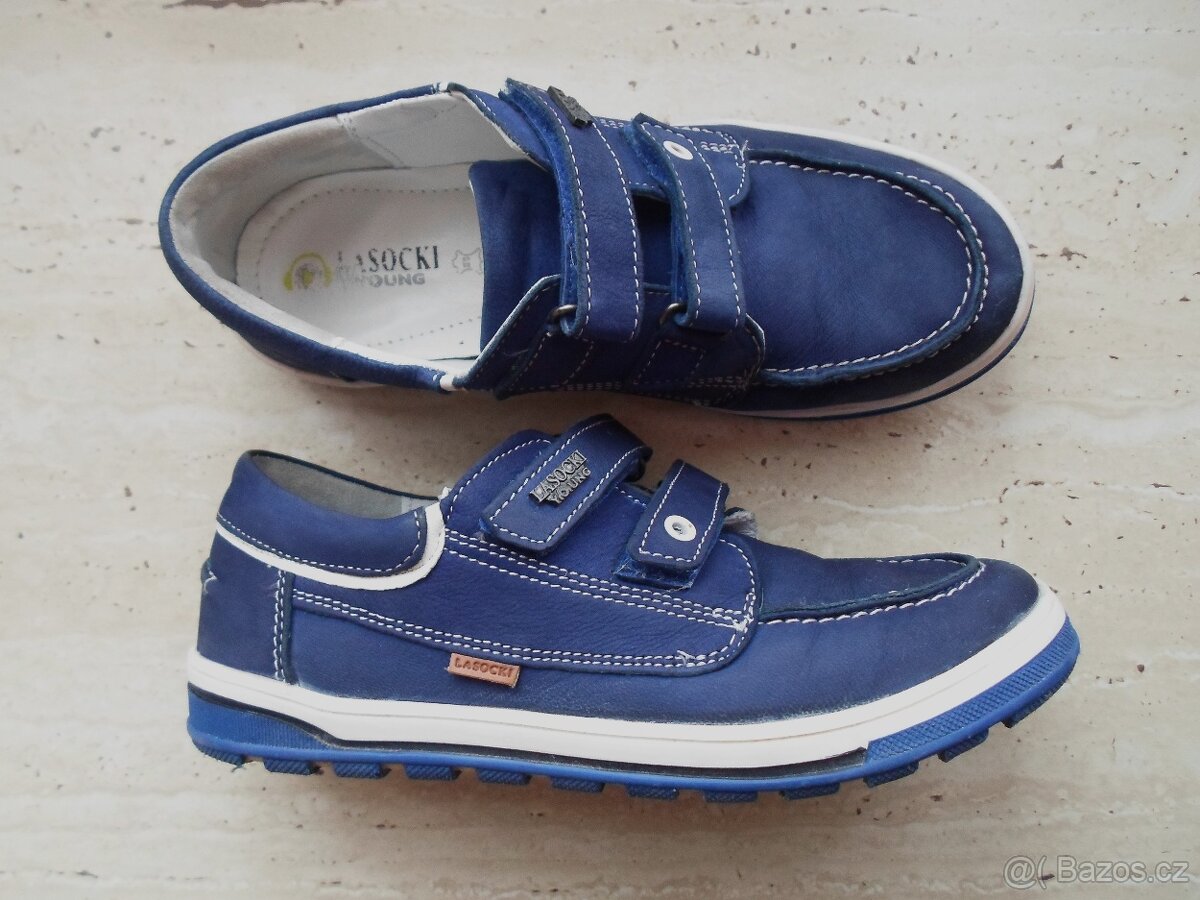 Modré bílé boty polobotky kožené - 35