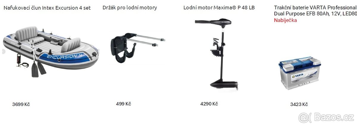 Nafukovací člun, elektromotor, baterie, nabíječka