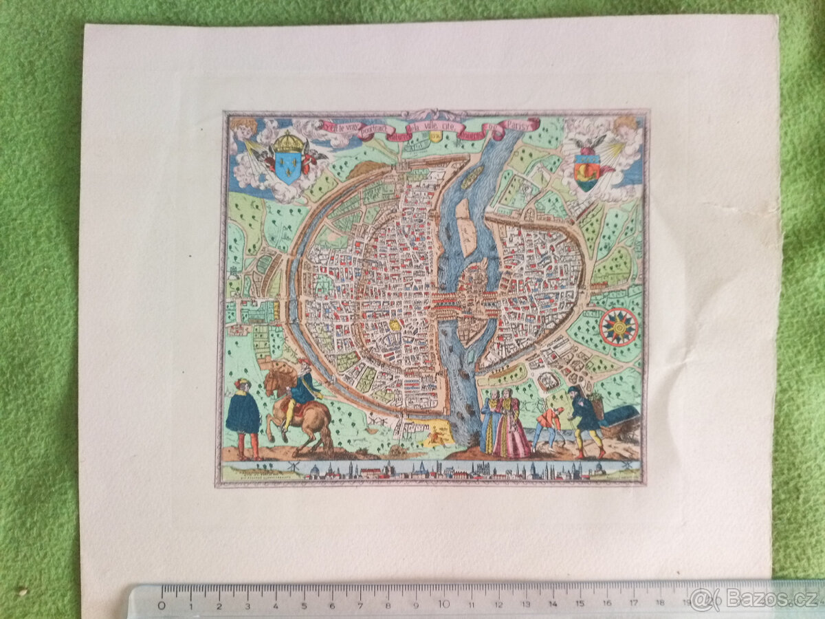 Starožitná rytina mapa Paříž 1576 Rossingol RARE