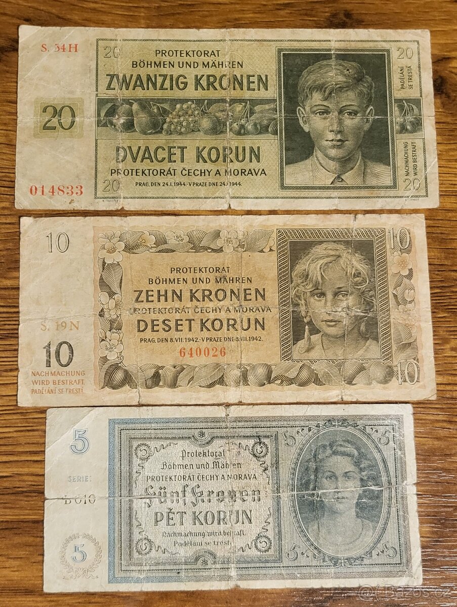 Konvolut bankovek Protektorát Čechy a Morava 5,10,20 korun