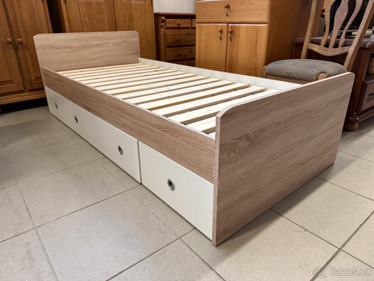 Nová postel s třemi úložnými šuplíky a roštem