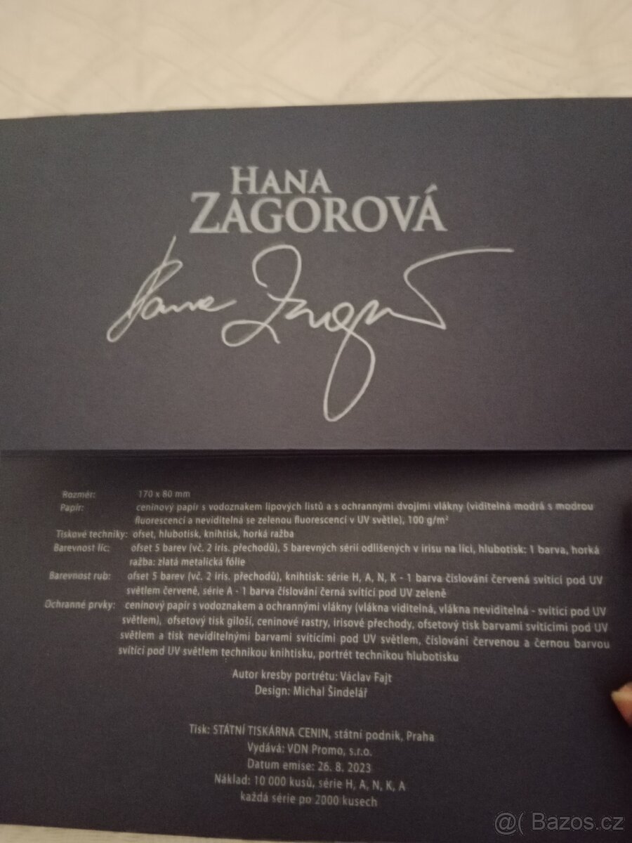 Paměťni list bankovka Hana Zagorová