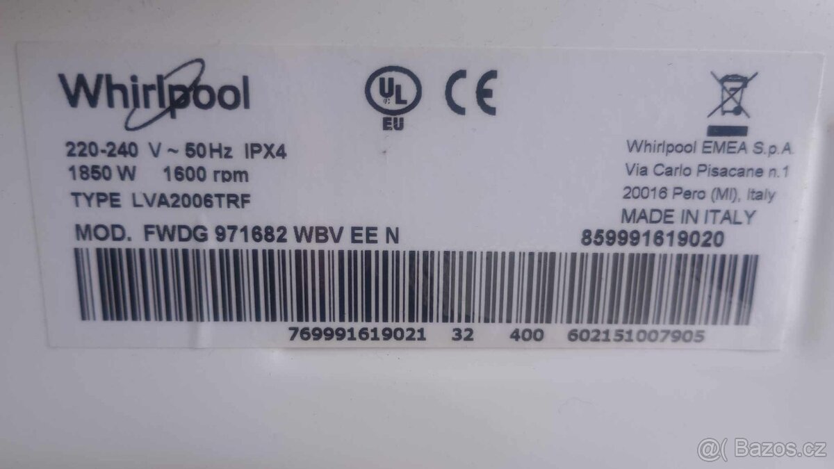 Pračka +sušička Whirlpool LVA2006TRF  FWDD 1071682 WBVna ND