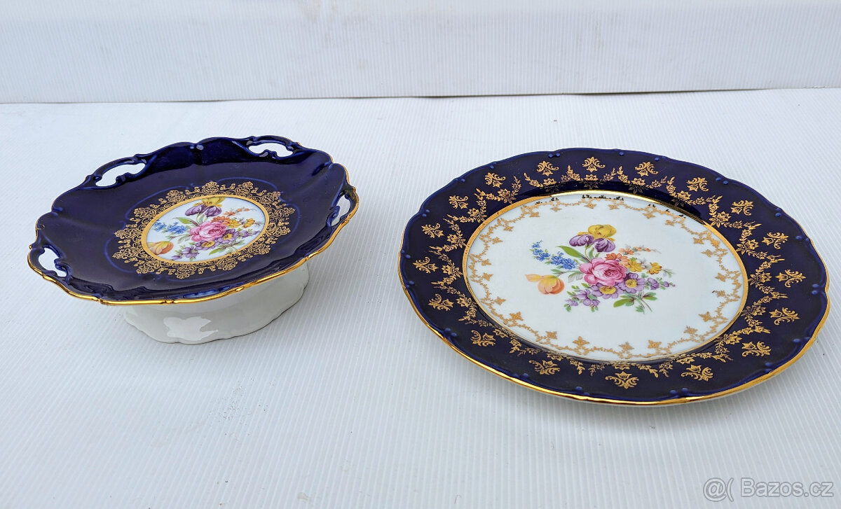 Talíř + mísa. Porcelán Loučky. Kobalt.