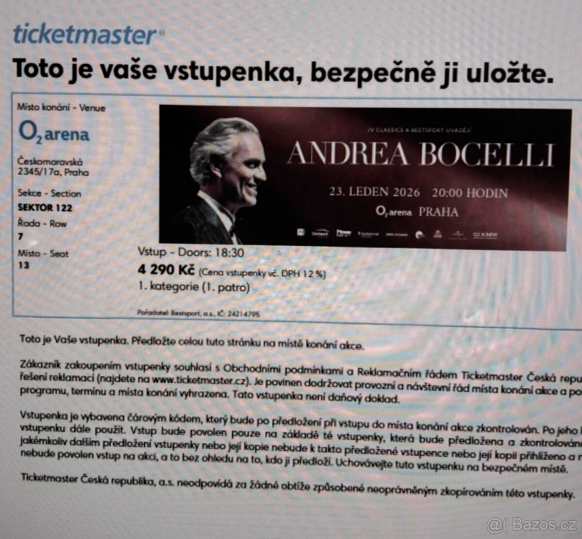 Vstupenka na Andrea Bocelliho