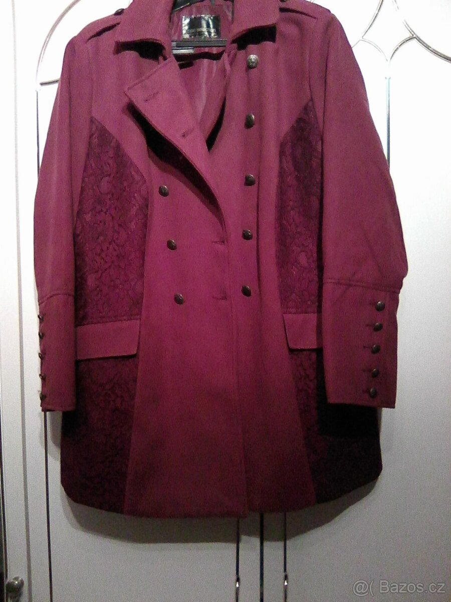 Nádherný elegantní vínový flaušový kabát jaro/podzim, v.48-5