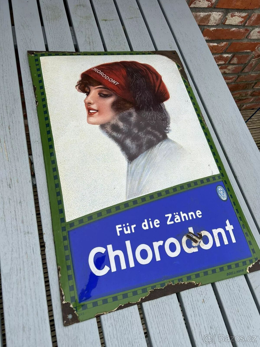 Smaltovaná cedule Chlorodont woman originál kolem roku 1925
