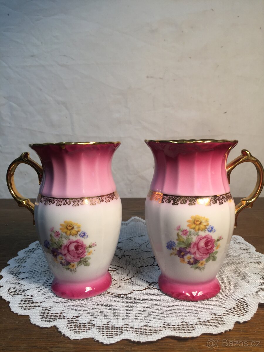 šálek pár růžový porcelán Slavkov neobvyklý tvar Top stav