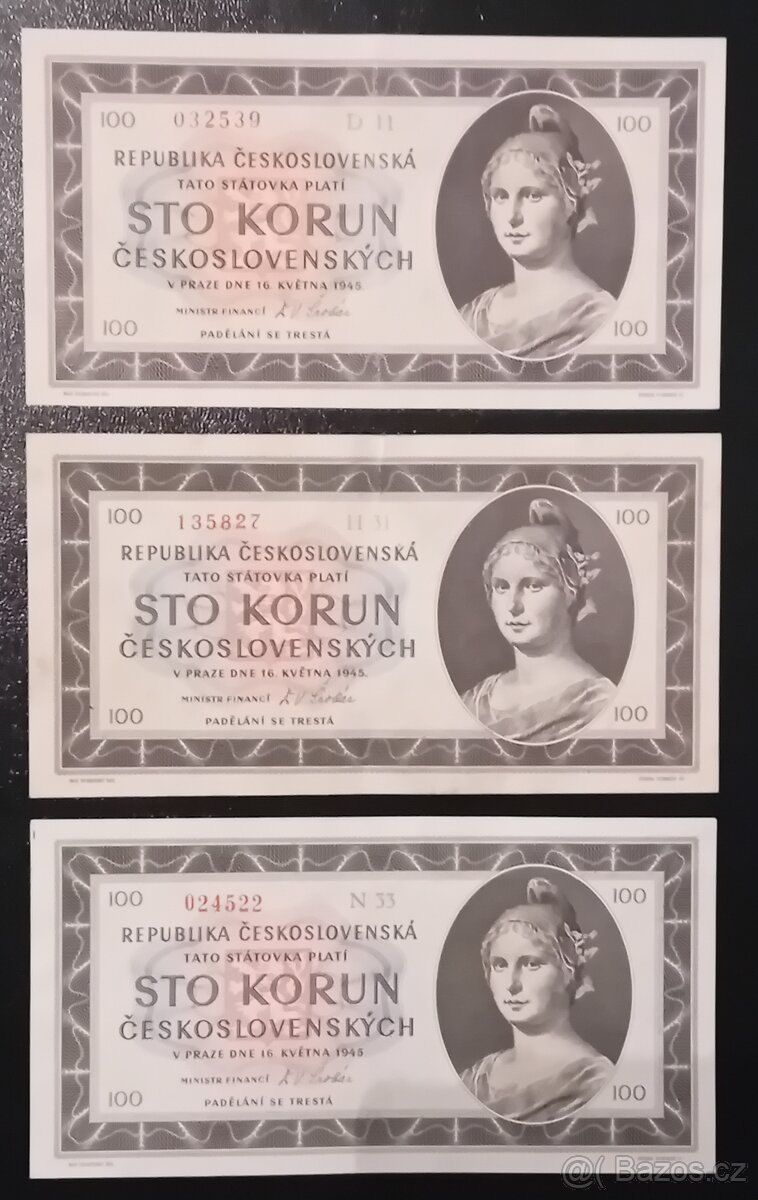 100 Kčs 1945 série D 11 - H 31 - N 33 - Velmi Vzácné