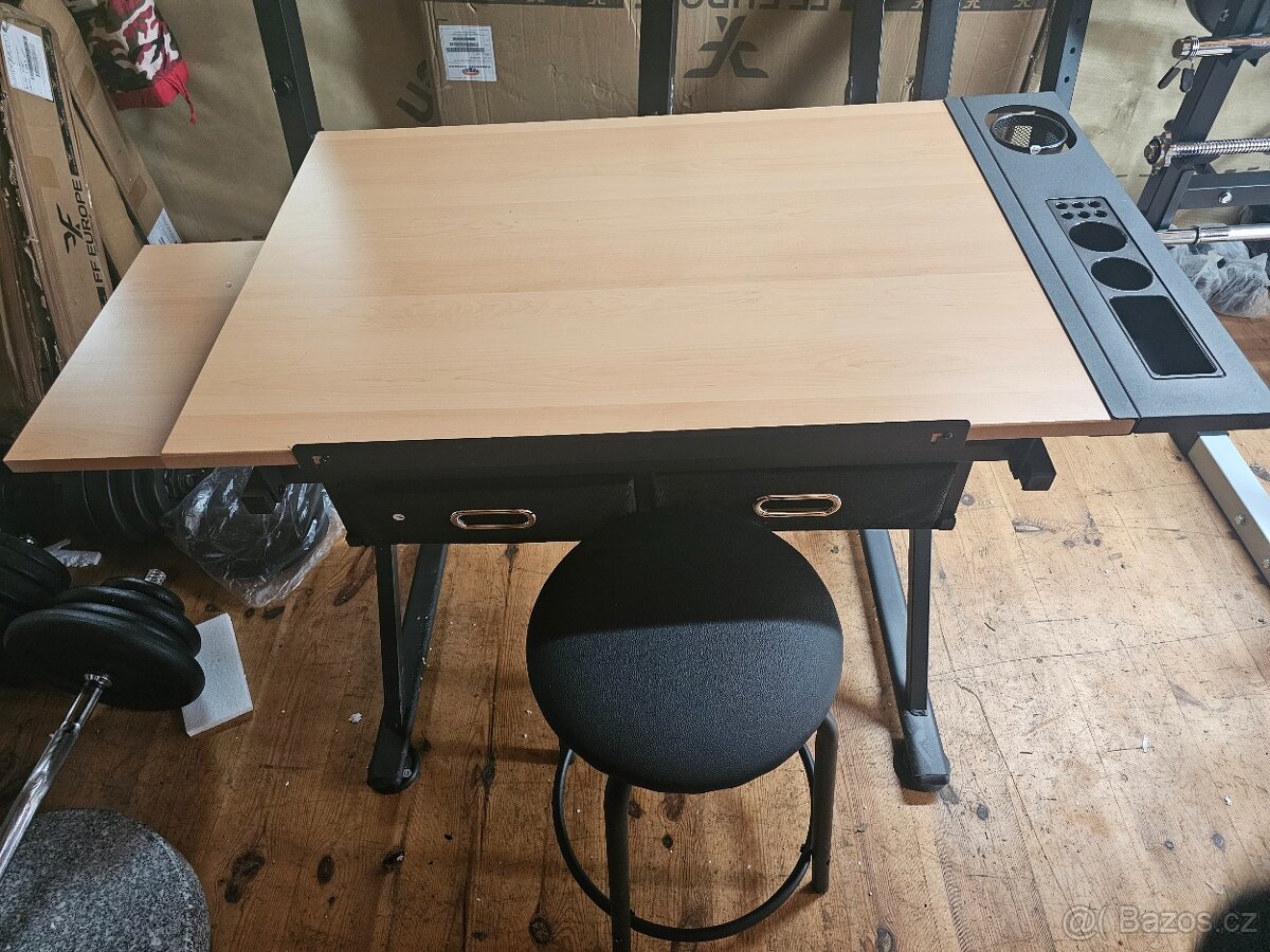 Kreslící stůl sklopný, 2 zásuvkami + stolička, nový