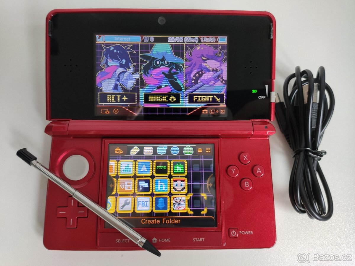 PRODÁNO-Nintendo 3DS Metallic Red+homebrew hack a 64GB karta