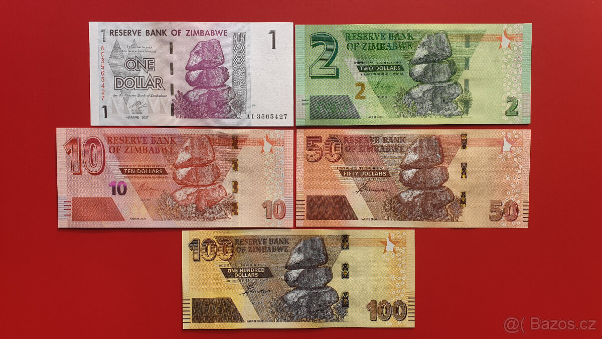 Sada 5 bankovek ZIMBABWE – 1, 2, 10, 50 a 100 dolarů UNC