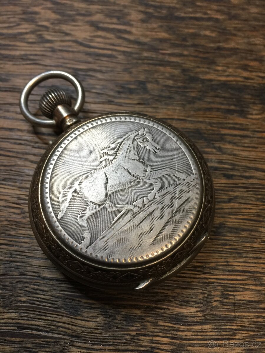 Běžící kůň ...staré kapesní hodinky / funkční / vteřinovka /
