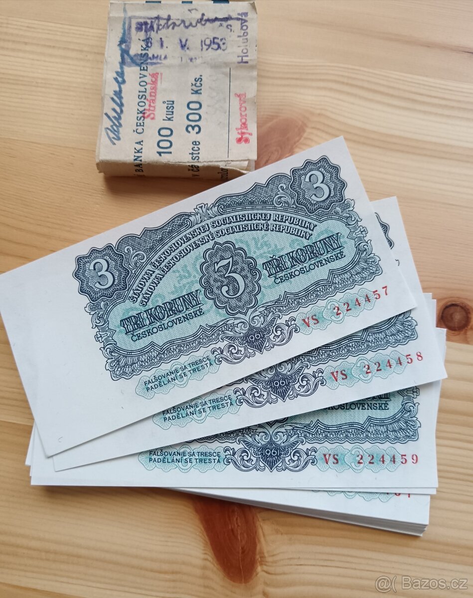 3kčs 1961 stav UNC možnost sériových čísel po sobě jdoucí