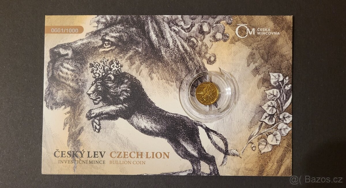 Zlatá 1/25oz mince Český lev 2024 stand číslovaný