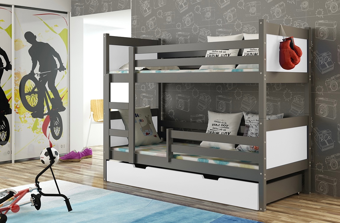 NOVÁ Patrová postel palanda grafit bílá MASIV + 2x MATRACE