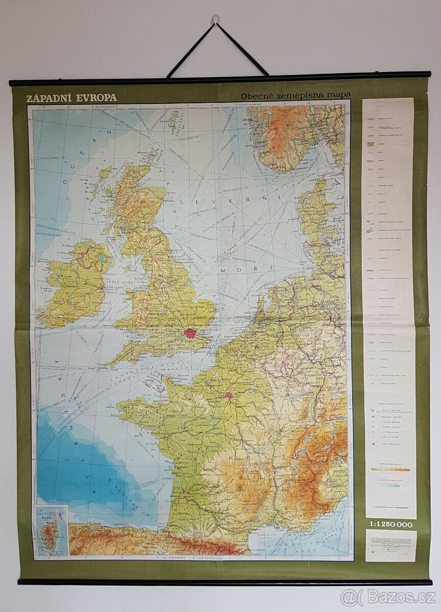 Stará školní mapa západní Evropa - rok vydání 1974