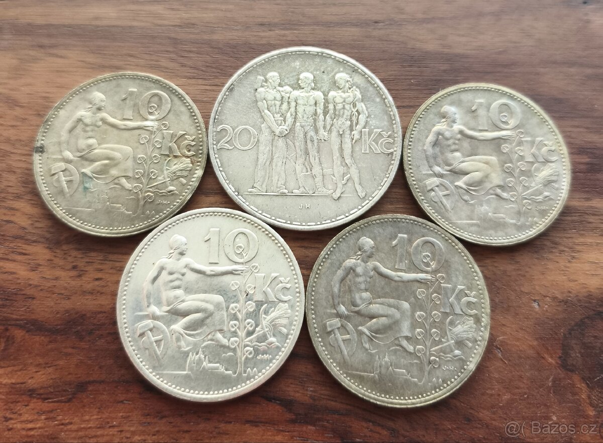 5x stříbrná mince 10Kč a 20Kč