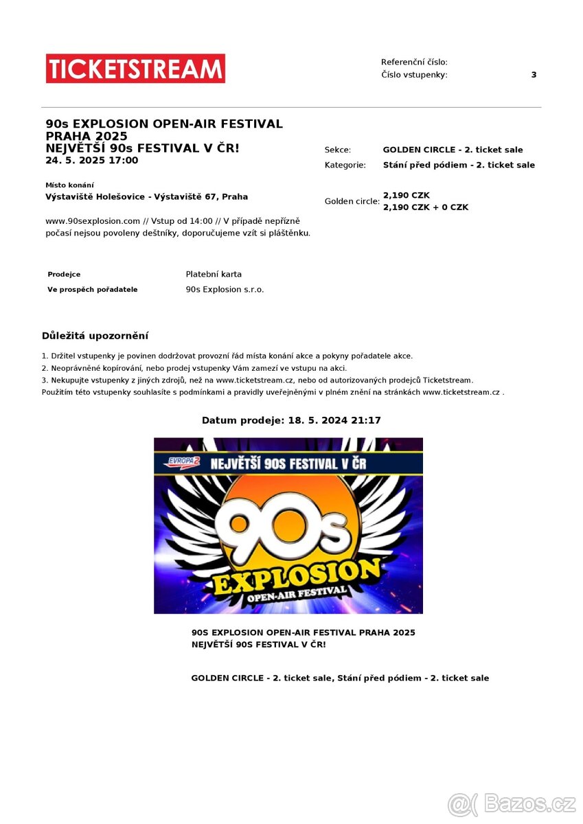 3x VIP vstupenka na 90s Explosion v Praze