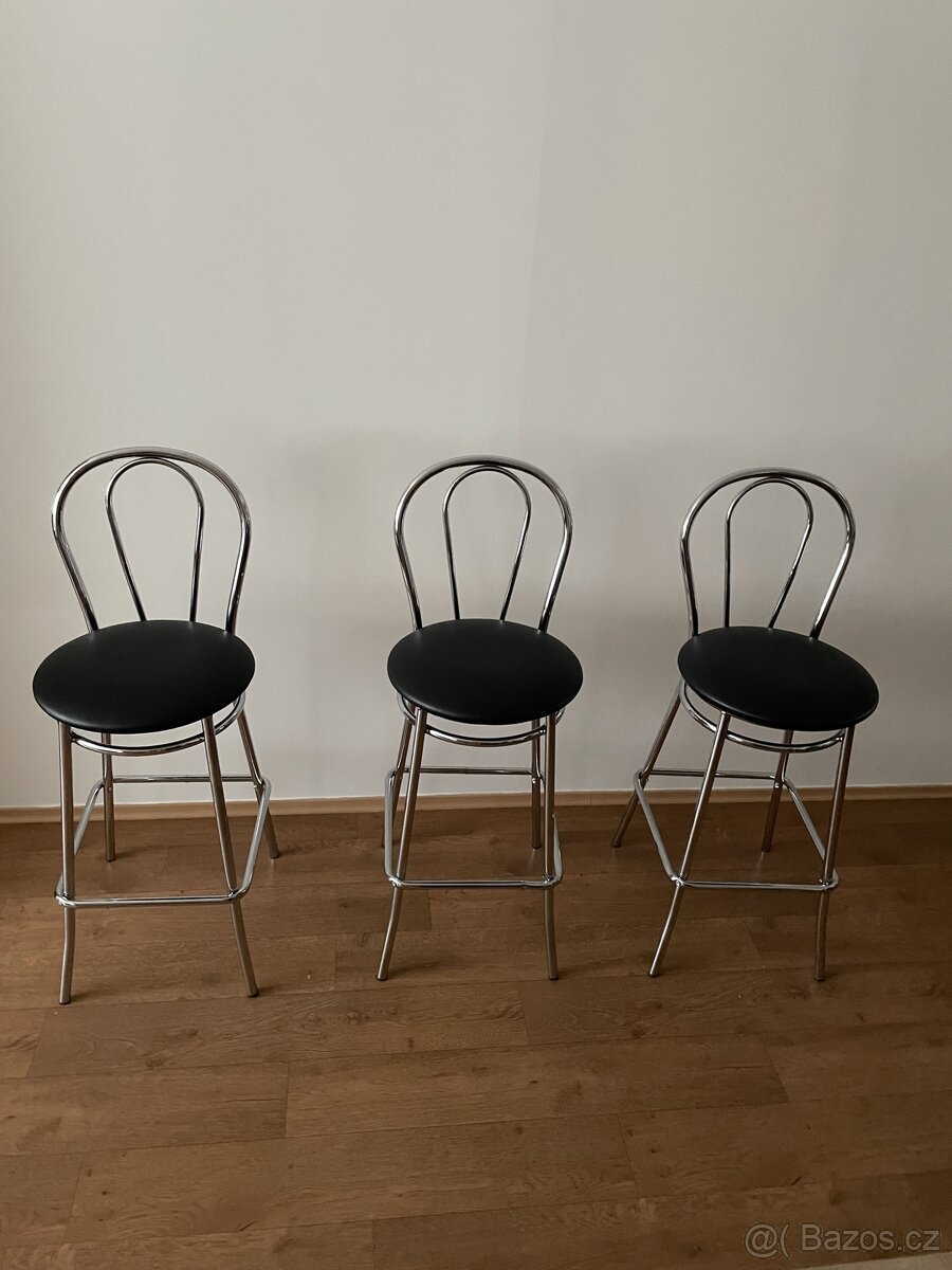 Barové židle chrom, černá kůže 3 kusy