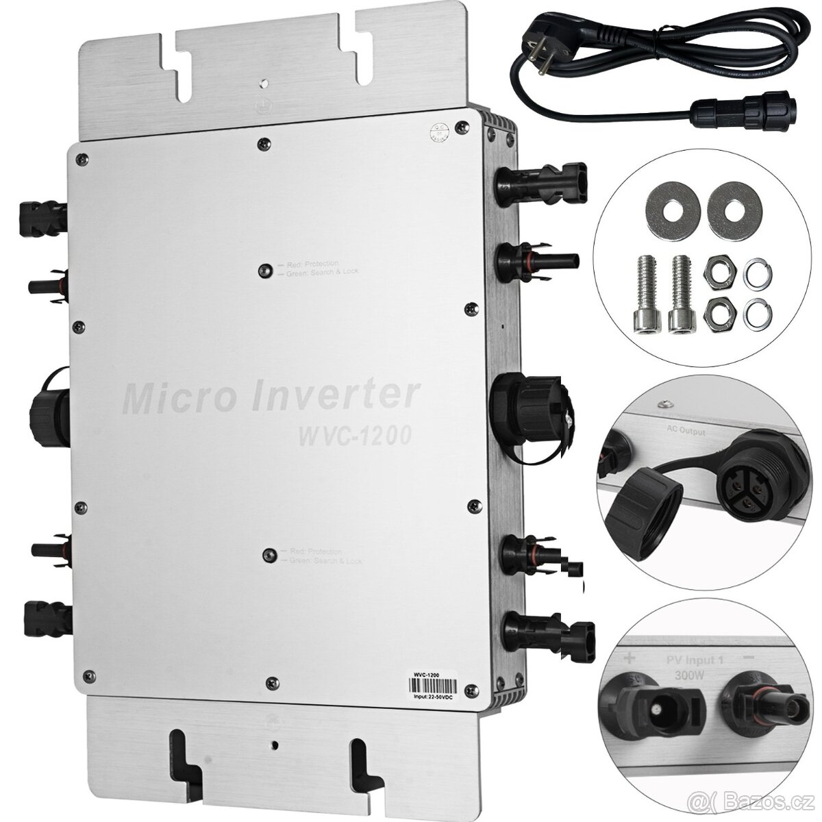 Měnič VEVOR 1200W, MPPT, vodotěsný, solární, síťový, měnič D