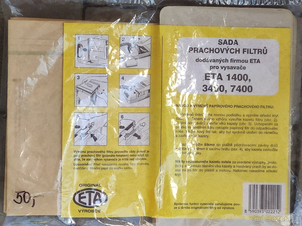 Papírové sáčky na vysavač ETA, sada 3ks 50,- Kč