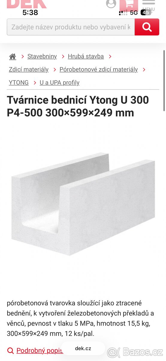 Prodám 12ks Ytong U Profil 300, 300x249x599 mm