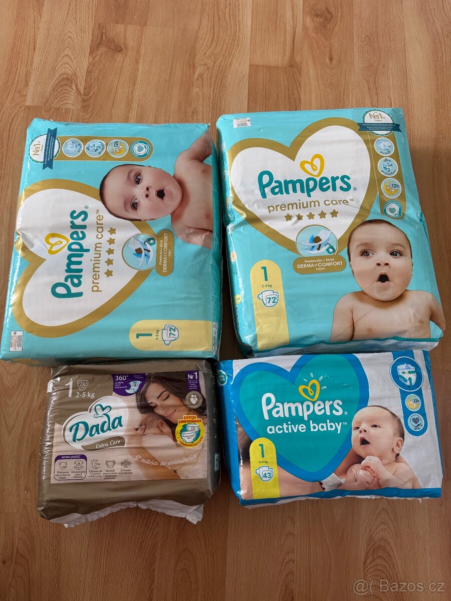 Plenky pampers premium care 1, 144ks,active baby 43ks, dada1