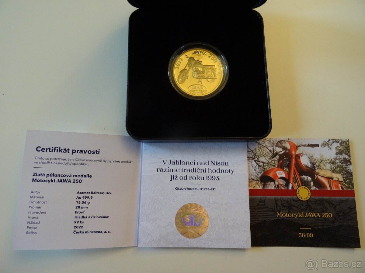 Zlatá půluncová medaile - mince Motocykl JAWA 250 proof