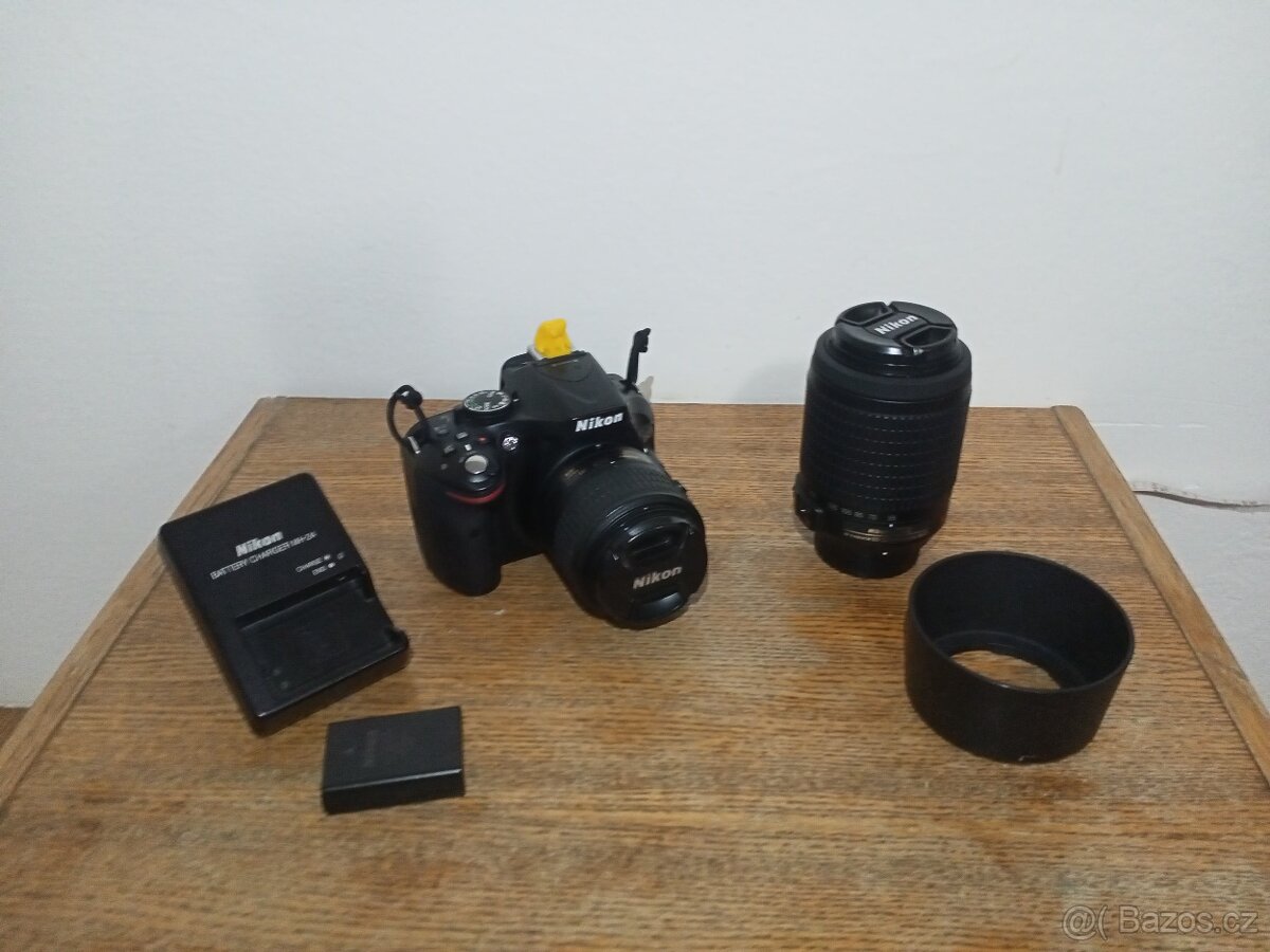 Nikon d5200 a objektivy 18-55mm f3,5-5,6 a 55-200mm f4-5,6.