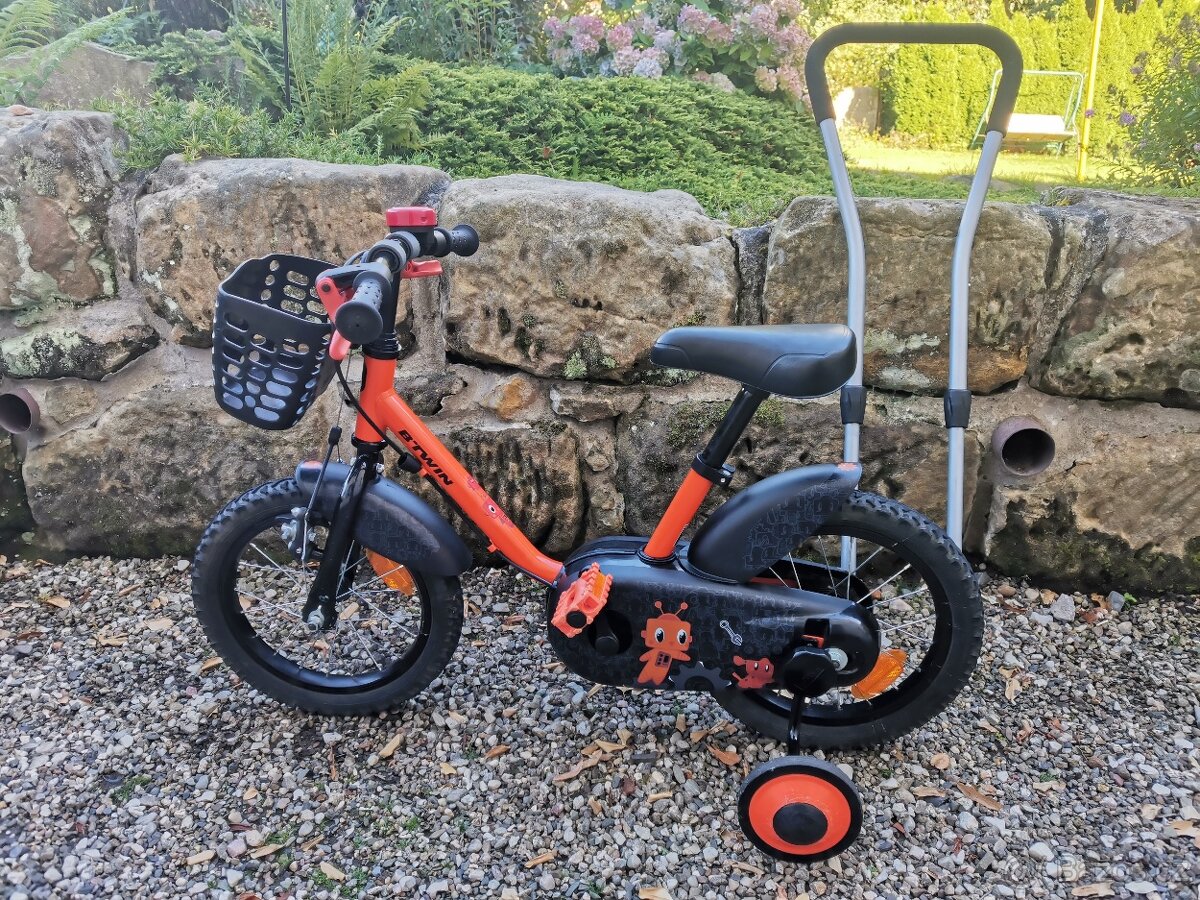 Dětské kolo BTWIN 14 + přídavná kolečka+ vodici tyč+ košík
