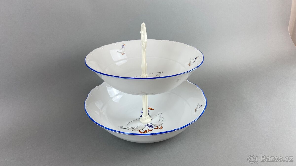 Etažér s motivem hus, modrá linka, porcelán