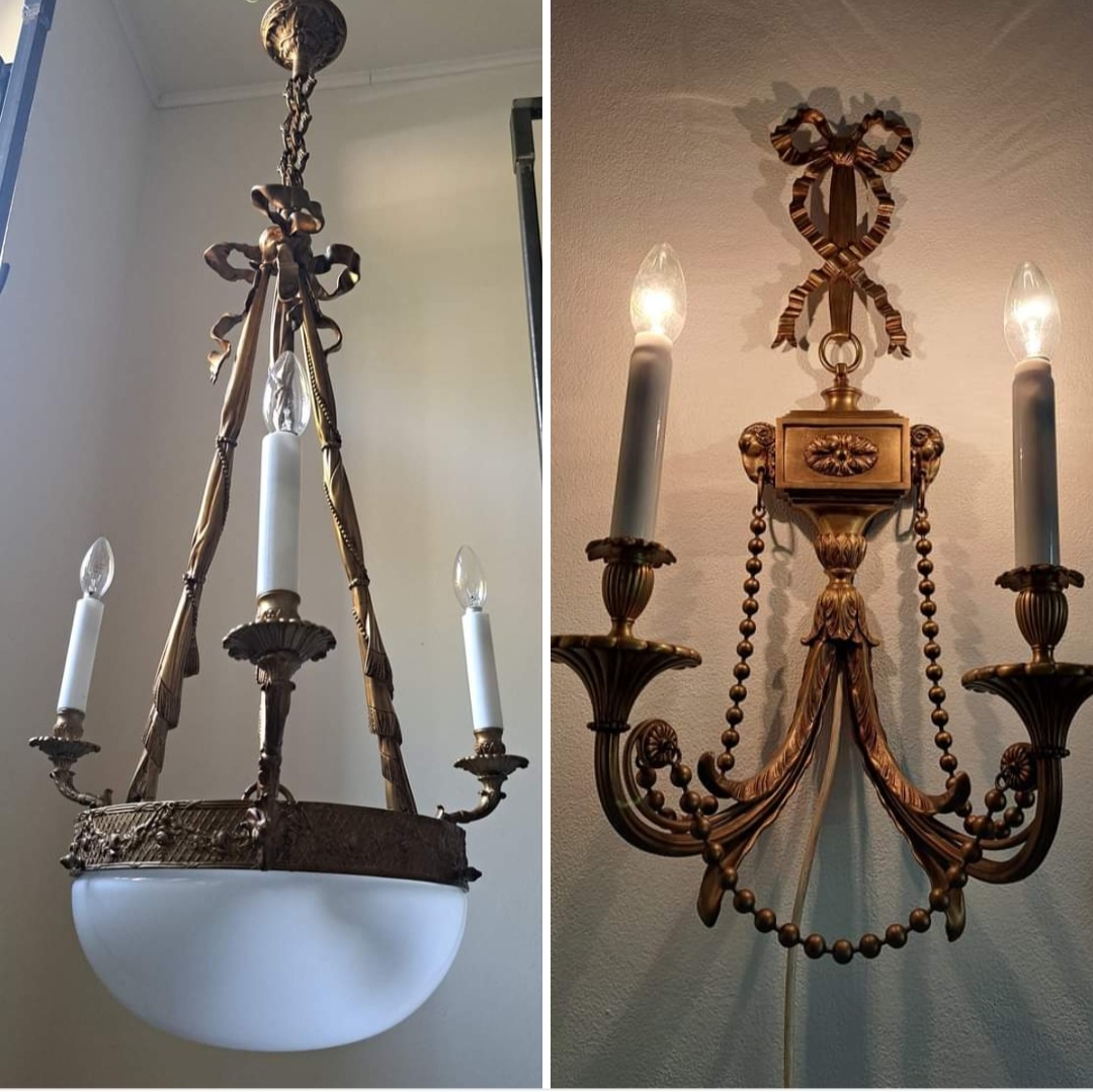 Starožitný secesní set, lustr, lampa,aplika, secese.