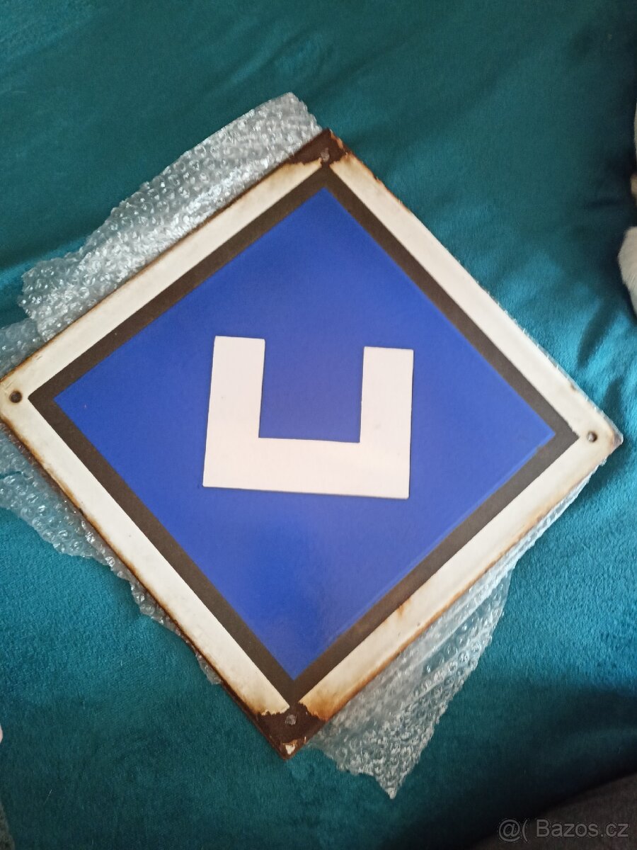 Stará smaltovaná cedule zapněte proud. Rozměry 360x360mm