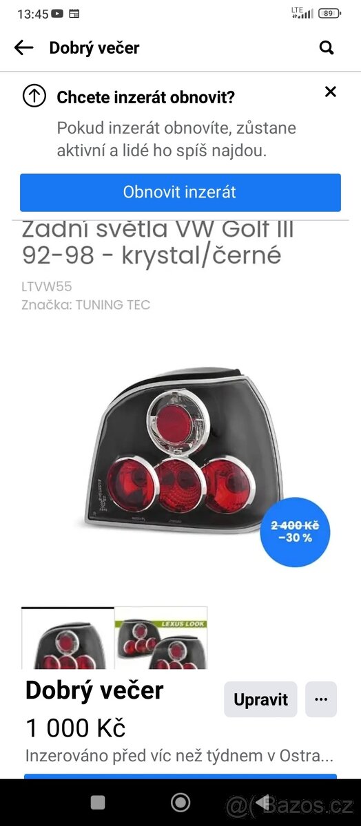 Zadní světla na golf 3
