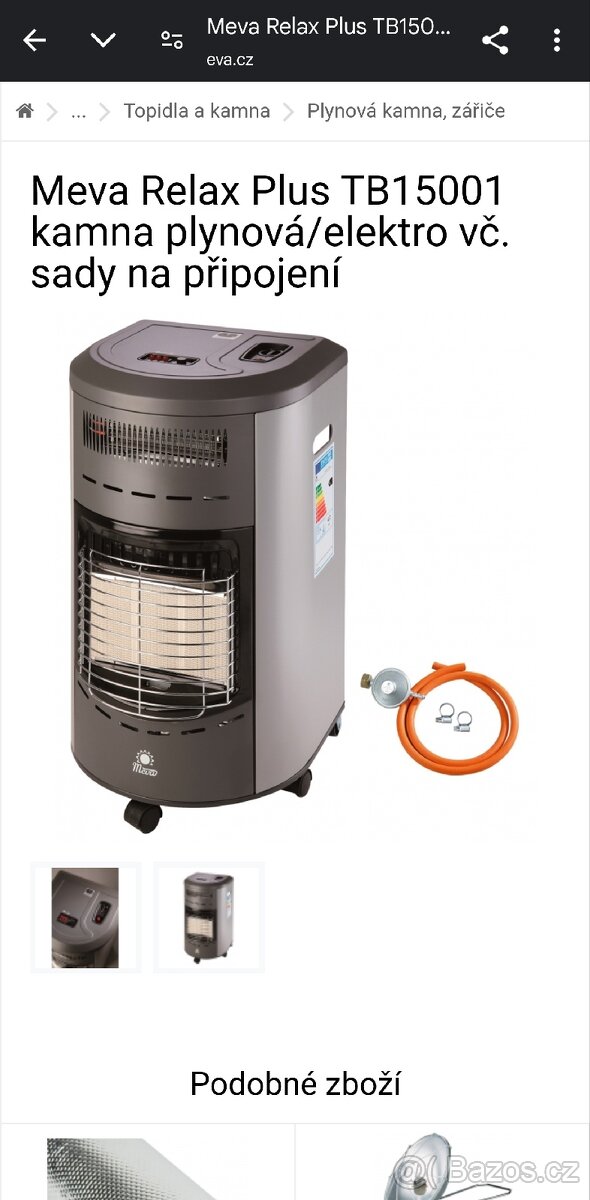 Plynové kamna Meva s ventilátorem a el. Přímotopem
