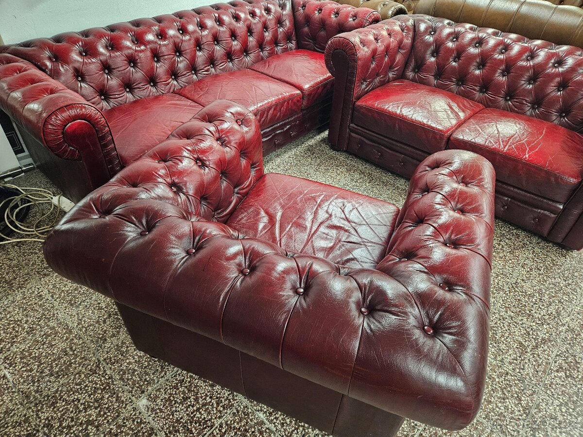 CHESTERFIELD ŠTÝL,BORDOVO-ČERVENÁ KOŽENÁ SEDAČKA 3+2+1