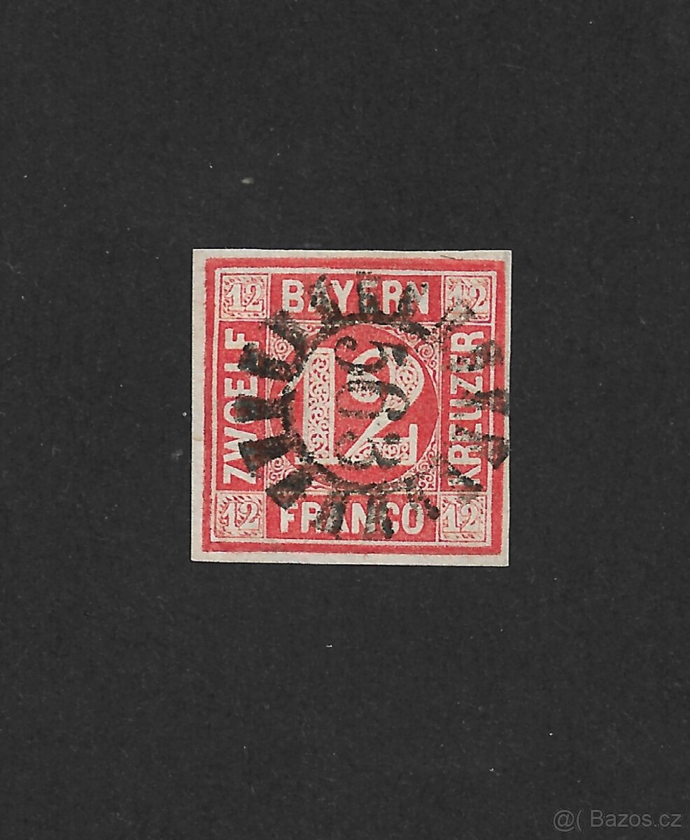 Německo Bavorsko 1849/58 ⊙ Mi 6 červená 12 v kruhu.