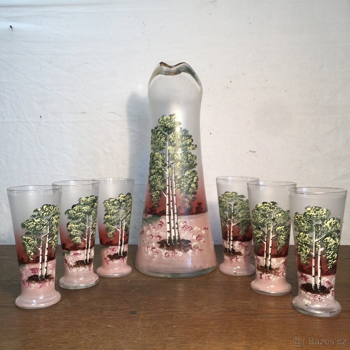 starožitná souprava malovaného skla džbán a sklenice