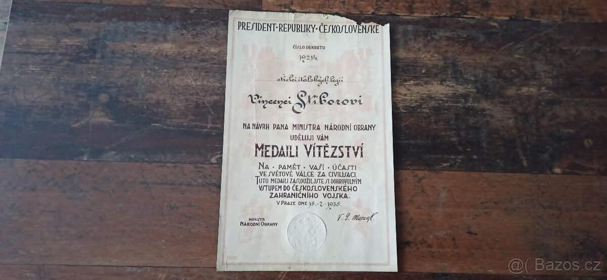 ČSR dekret Italský legionář.