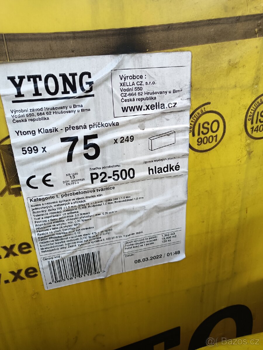 Příčkovka Ytong Klasik 75 P2-500 75×599×249 mm