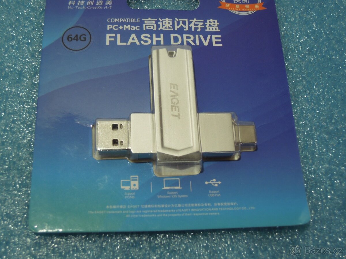 Kovový flash disk EAGET C USB 3.2 vysokorychlostní 2 v 1 64G