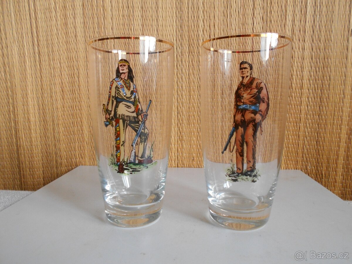Staré sklenice s potisky Vinetou a Old Shatterhand